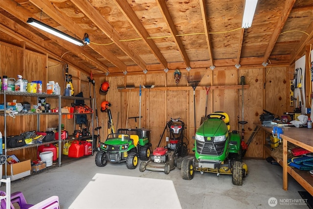 garage with wooden walls