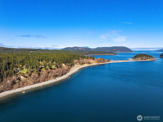 bird's eye view featuring a water and mountain view