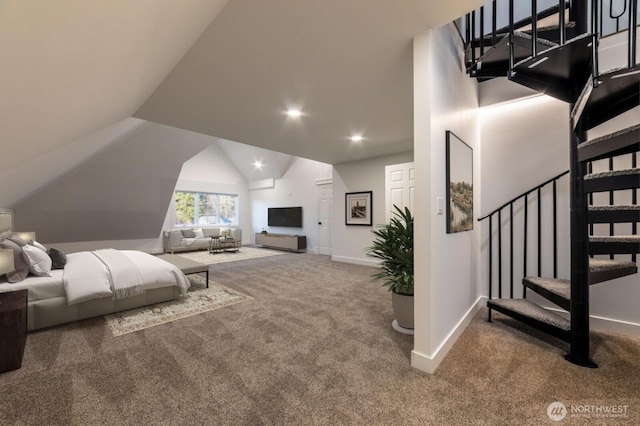 bedroom with recessed lighting, baseboards, lofted ceiling, and carpet