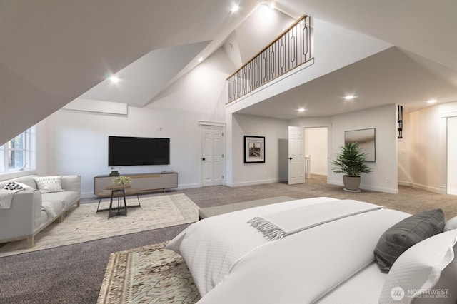 carpeted bedroom featuring recessed lighting, baseboards, and high vaulted ceiling