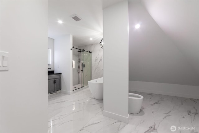 bathroom with visible vents, marble finish floor, a marble finish shower, a soaking tub, and vanity