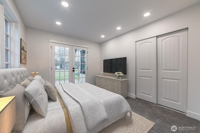 bedroom featuring baseboards, recessed lighting, access to exterior, french doors, and dark colored carpet