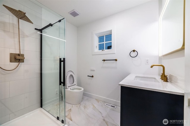 full bathroom featuring visible vents, marble finish floor, a stall shower, baseboards, and vanity