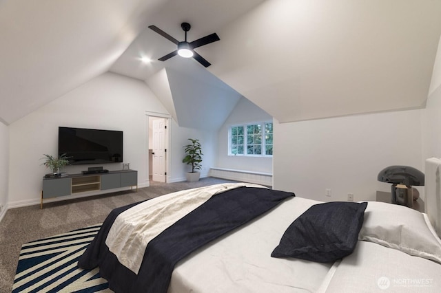 bedroom with lofted ceiling, carpet, baseboards, and ceiling fan