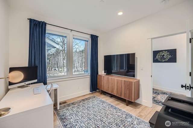 home office featuring recessed lighting, visible vents, baseboards, and light wood finished floors