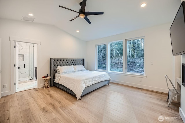 bedroom with recessed lighting, visible vents, light wood-style flooring, and vaulted ceiling