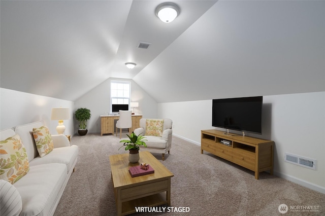 carpeted living area featuring baseboards, lofted ceiling, and visible vents