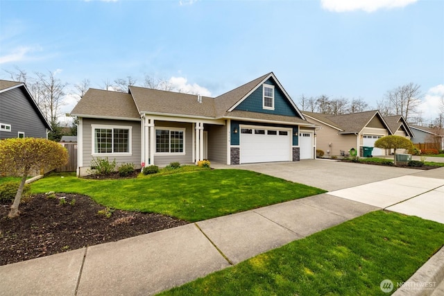 view of front of house with concrete driveway, fence, an attached garage, stone siding, and a front lawn
