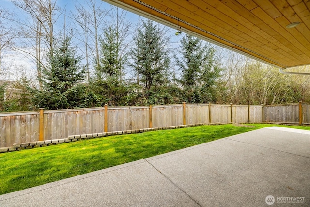view of yard with a fenced backyard and a patio area