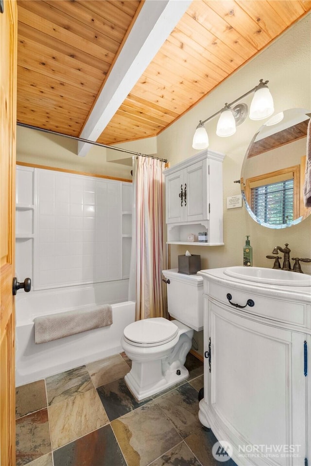 full bathroom with shower / bathtub combination with curtain, toilet, wood ceiling, and vanity