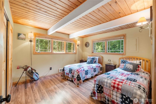 bedroom featuring beam ceiling, multiple windows, wooden ceiling, and wood finished floors