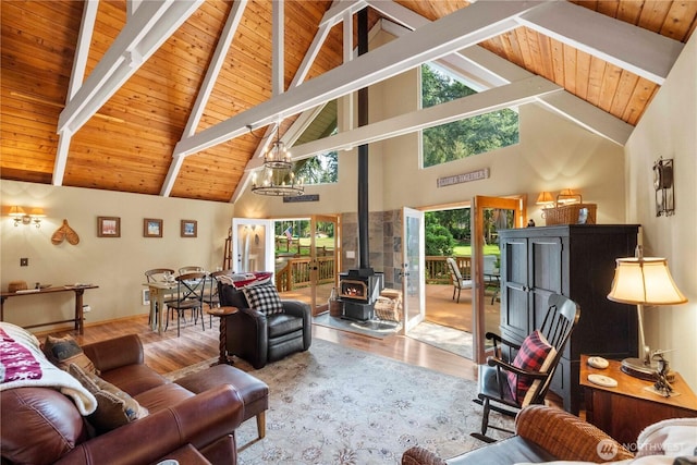 living area with wooden ceiling, a wood stove, wood finished floors, and lofted ceiling with beams