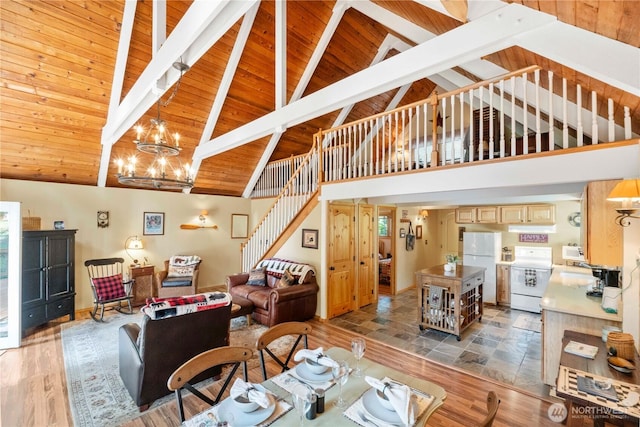 dining space featuring beam ceiling, light wood-style flooring, wood ceiling, and an inviting chandelier