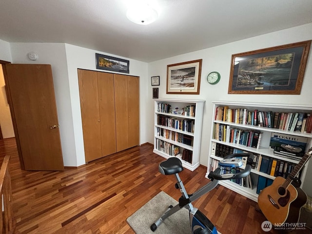 workout room featuring wood finished floors