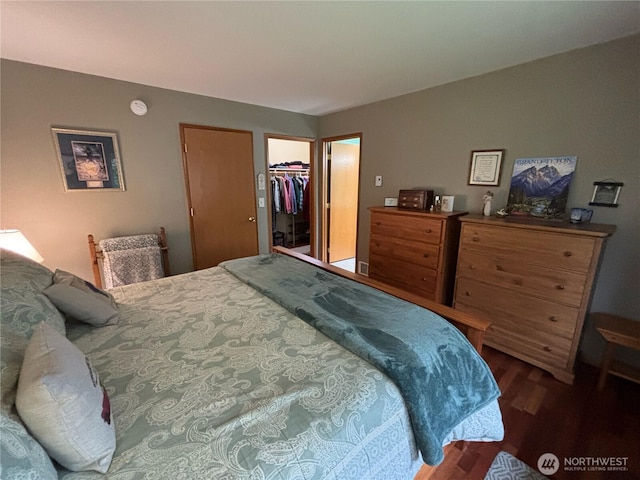 bedroom featuring a closet, wood finished floors, and a spacious closet