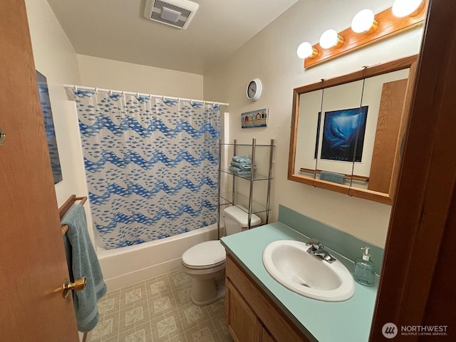 full bath with visible vents, shower / bathtub combination with curtain, toilet, and vanity