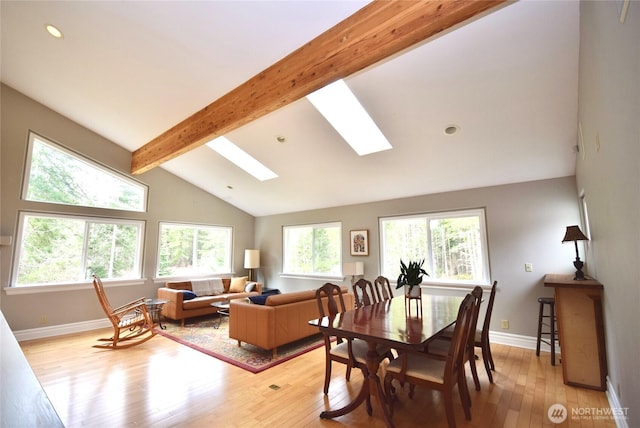 dining space with vaulted ceiling with skylight, recessed lighting, light wood-style floors, and baseboards