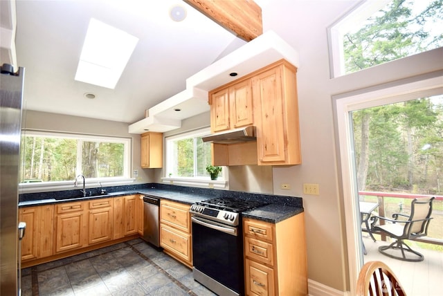 kitchen featuring light brown cabinets, under cabinet range hood, a sink, stainless steel appliances, and a skylight