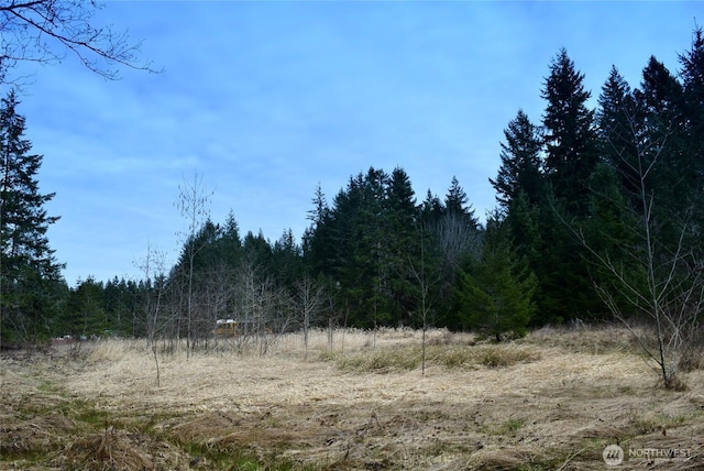 view of landscape featuring a forest view