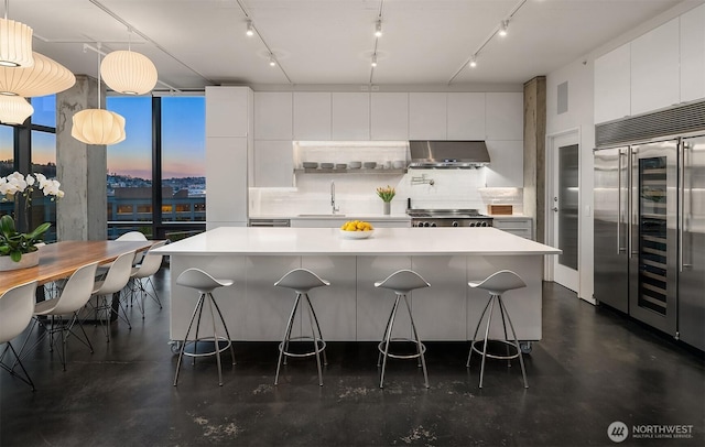 kitchen with stainless steel built in fridge, under cabinet range hood, range, modern cabinets, and backsplash