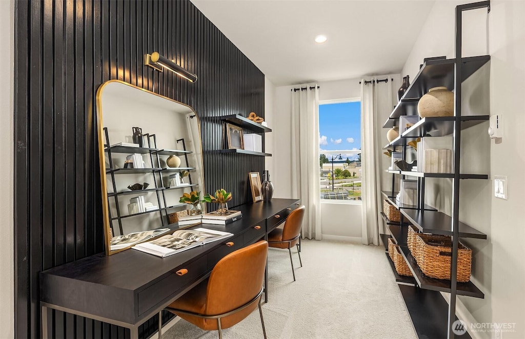 office featuring recessed lighting, baseboards, and carpet flooring