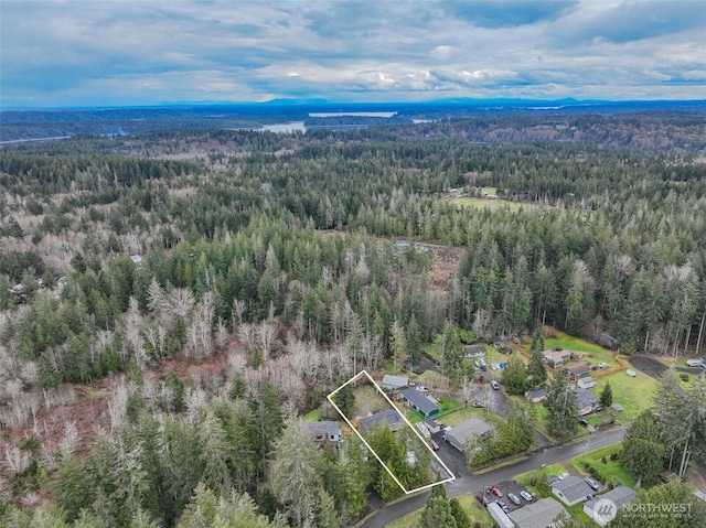 birds eye view of property featuring a wooded view