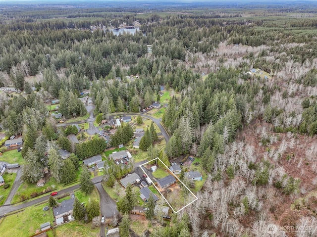 bird's eye view with a forest view and a water view