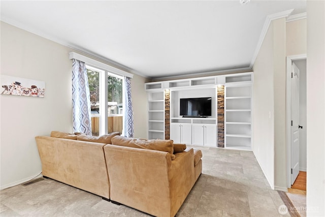 living area with visible vents, baseboards, and ornamental molding