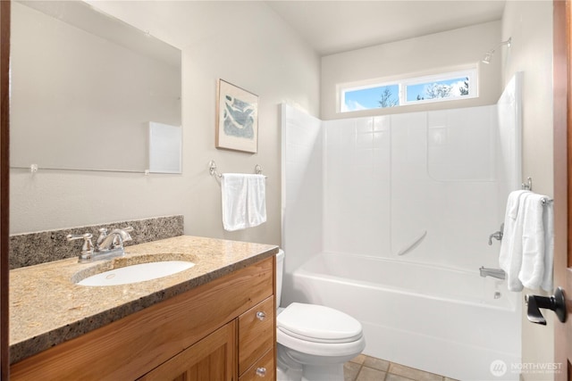 bathroom with shower / bath combination, toilet, vanity, and tile patterned flooring