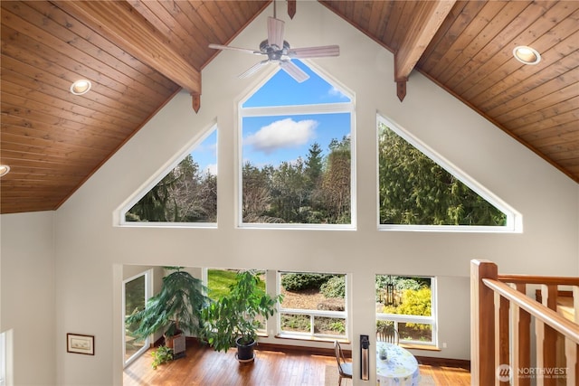 room details with beamed ceiling, ceiling fan, and wooden ceiling