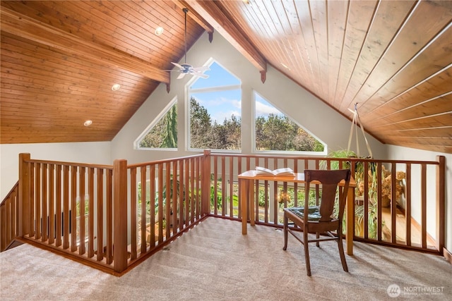 additional living space with wood ceiling, carpet, high vaulted ceiling, and ceiling fan