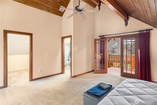 unfurnished bedroom featuring wood ceiling, french doors, baseboards, and carpet