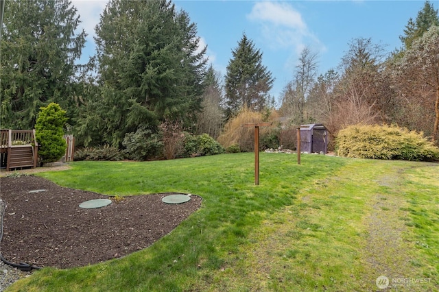 view of yard featuring a wooden deck