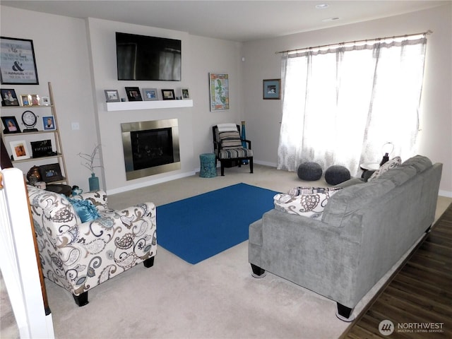 living area with a glass covered fireplace and wood finished floors