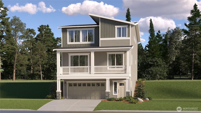 view of front of house featuring an attached garage, board and batten siding, a front lawn, stone siding, and driveway