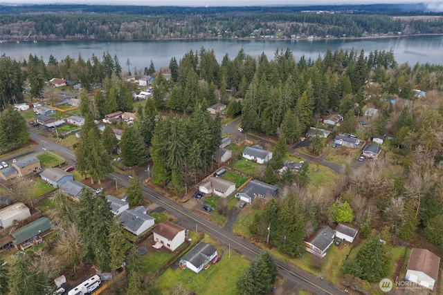 bird's eye view with a wooded view and a water view
