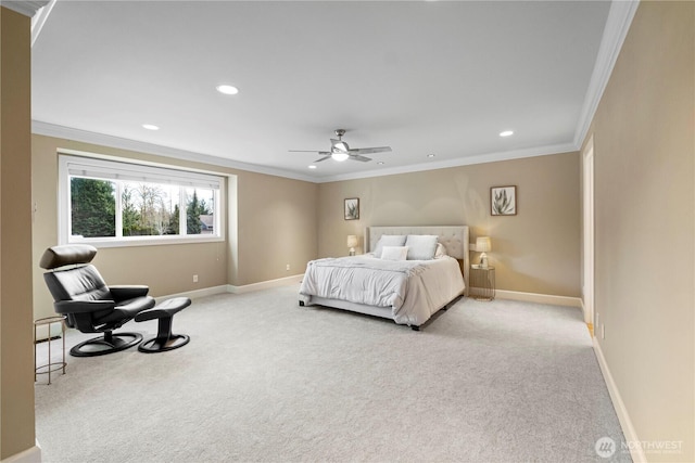 19665 SE 310th Pl, Kent, WA 98042 - bedroom featuring light carpet, baseboards, ornamental molding, recessed lighting, and a ceiling fan