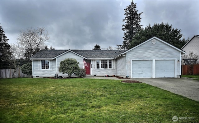 ranch-style house featuring fence, driveway, roof with shingles, an attached garage, and a front lawn