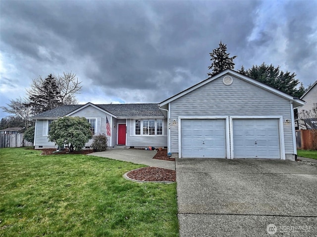 ranch-style home with fence, a front yard, driveway, crawl space, and an attached garage