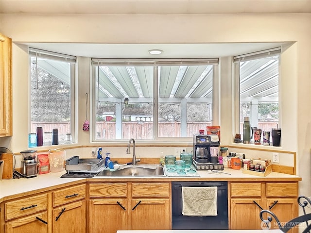 kitchen with plenty of natural light, light countertops, black dishwasher, and a sink