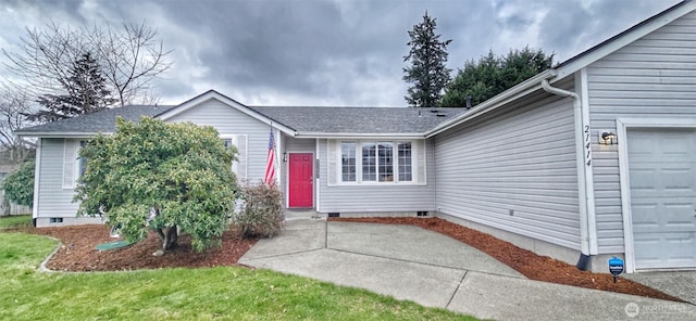 view of front of home featuring a shingled roof, a front yard, a garage, and crawl space