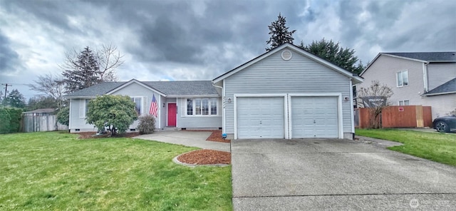 single story home featuring a front yard, an attached garage, driveway, and fence