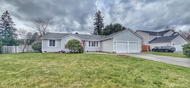 ranch-style house featuring an attached garage, a front lawn, fence, crawl space, and driveway