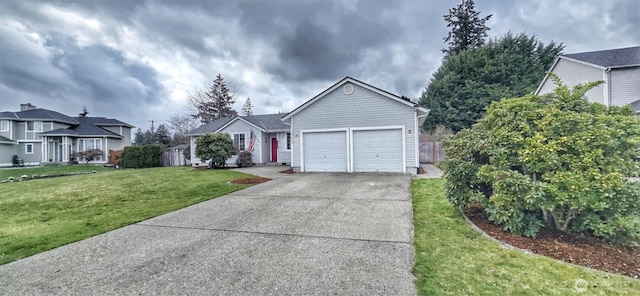 ranch-style home featuring driveway, an attached garage, and a front yard