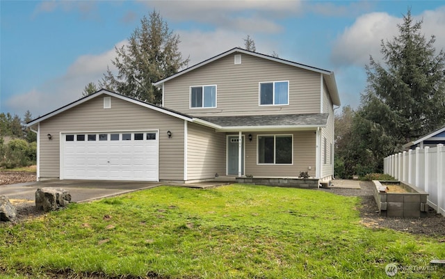 traditional home featuring a front yard, fence, a garage, and driveway