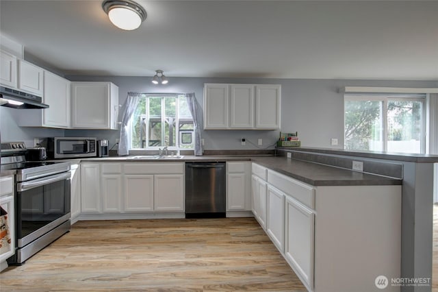 kitchen featuring under cabinet range hood, a sink, appliances with stainless steel finishes, a peninsula, and white cabinets