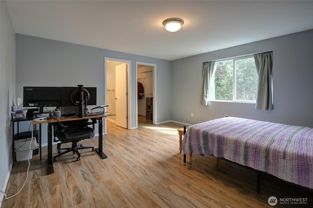 bedroom with a walk in closet, light wood-type flooring, and baseboards