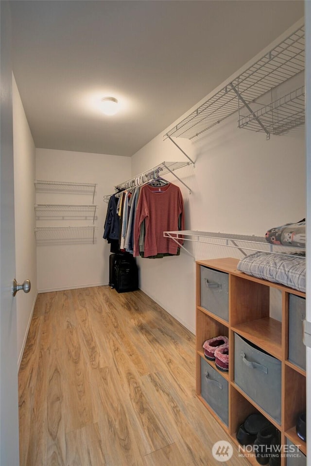walk in closet with wood finished floors