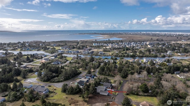 bird's eye view with a water view