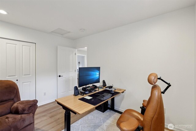 office area with baseboards, attic access, recessed lighting, and wood finished floors